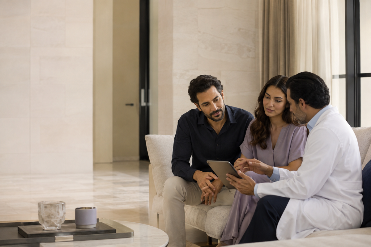 Doctor explaining a personalised care plan to a couple at home in Dubai