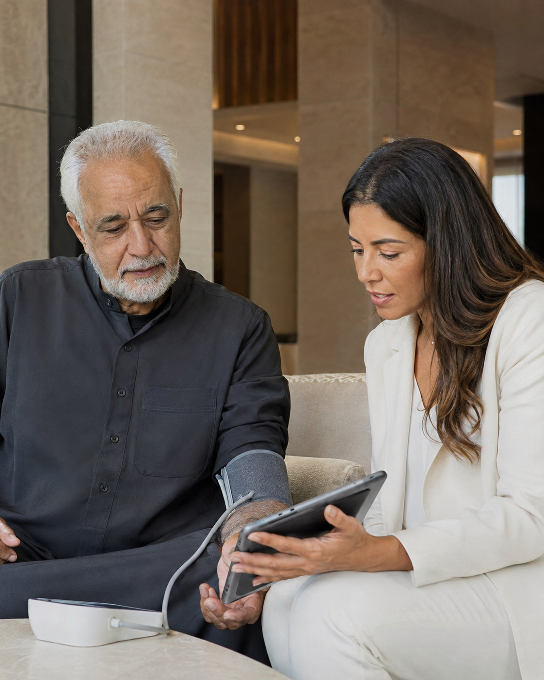Doctor reviewing an elderly patient's blood pressure and care needs