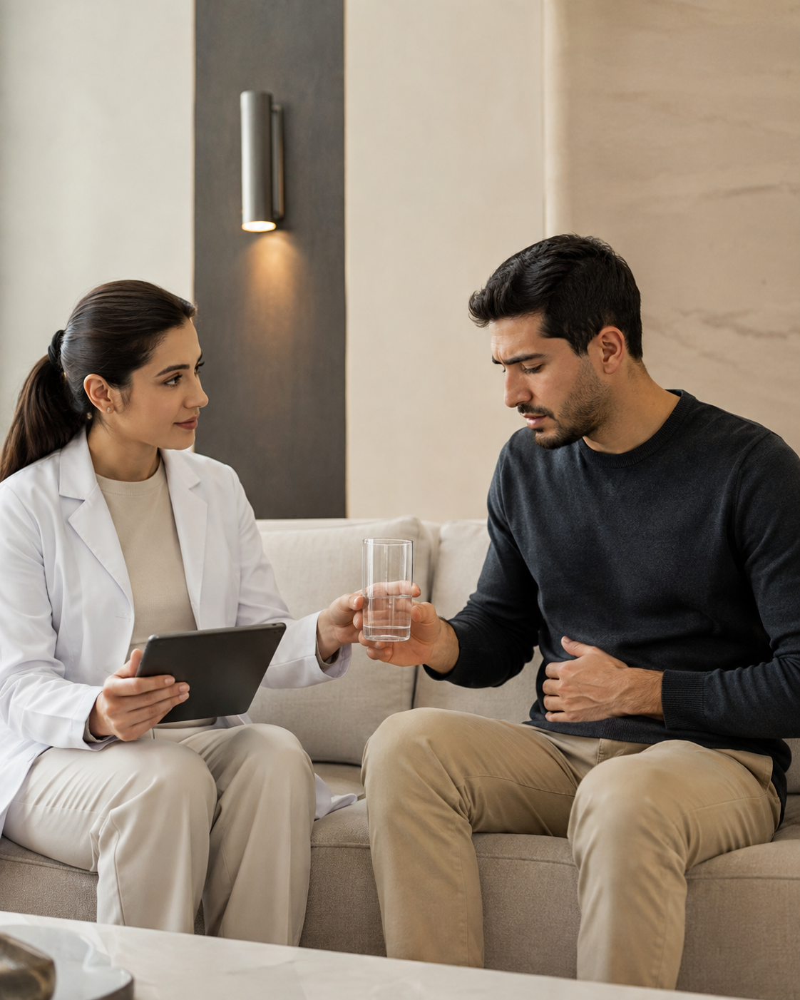 Doctor supporting a patient with stomach discomfort and hydration concerns