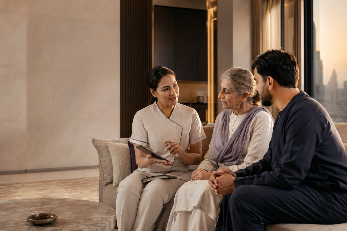 A nurse discussing a personalised home care plan with a family