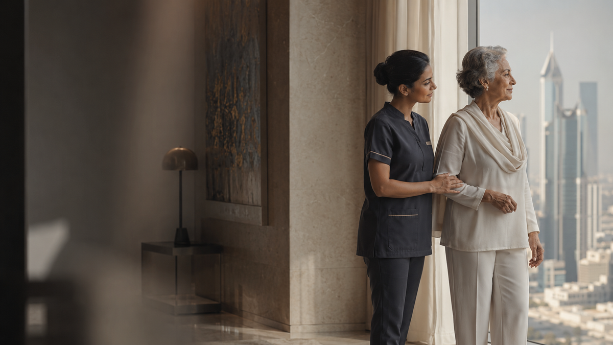 A professional home nurse supporting an older woman in a refined Dubai residence